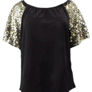 NWT Solid Short Sleeve Sequin Blouse - Black  medium